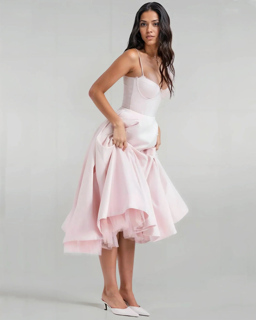 Satin Corset Tulle Layered A-Line Midi Dress - Baby Pink