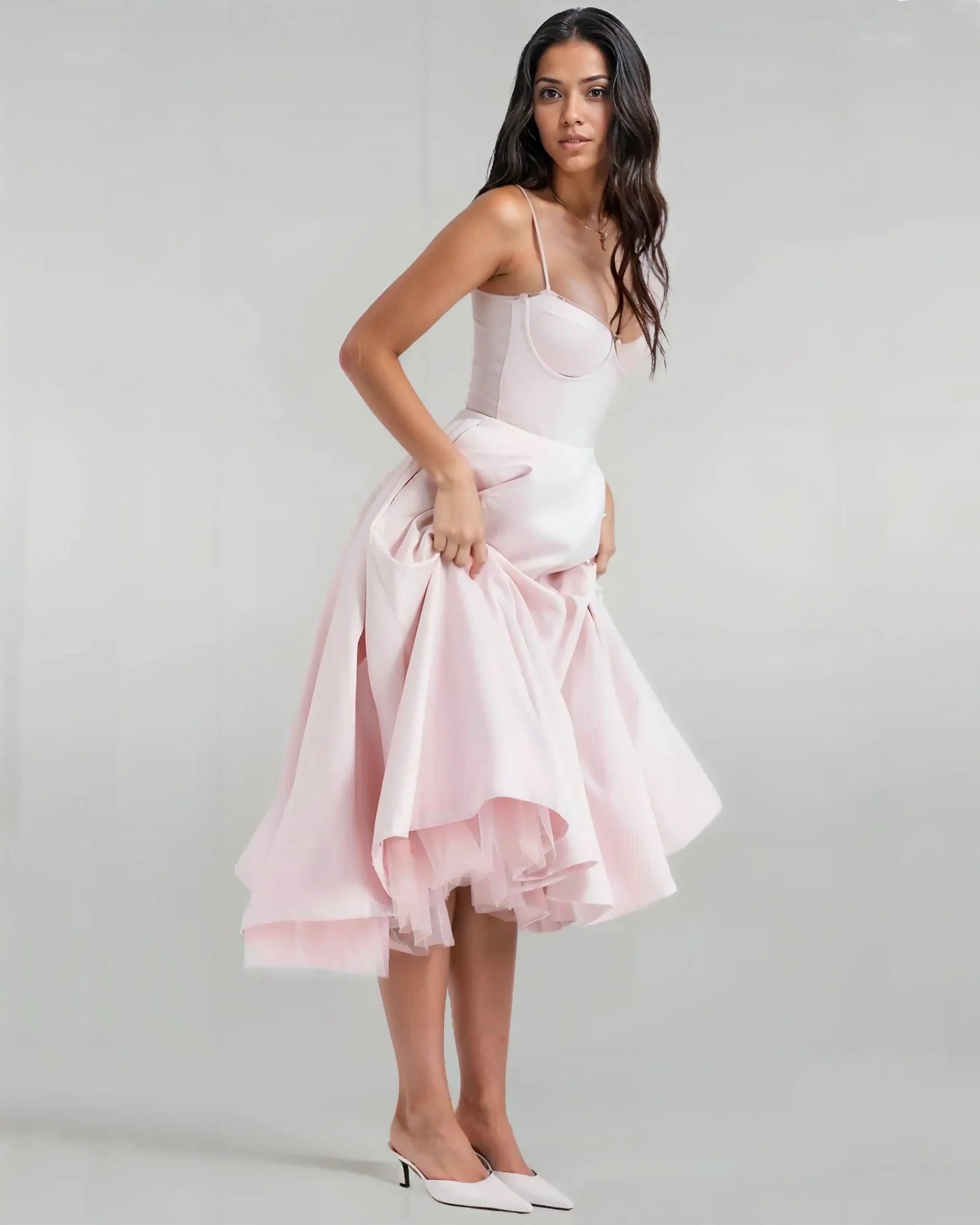 Satin Corset Tulle Layered A-Line Midi Dress - Baby Pink