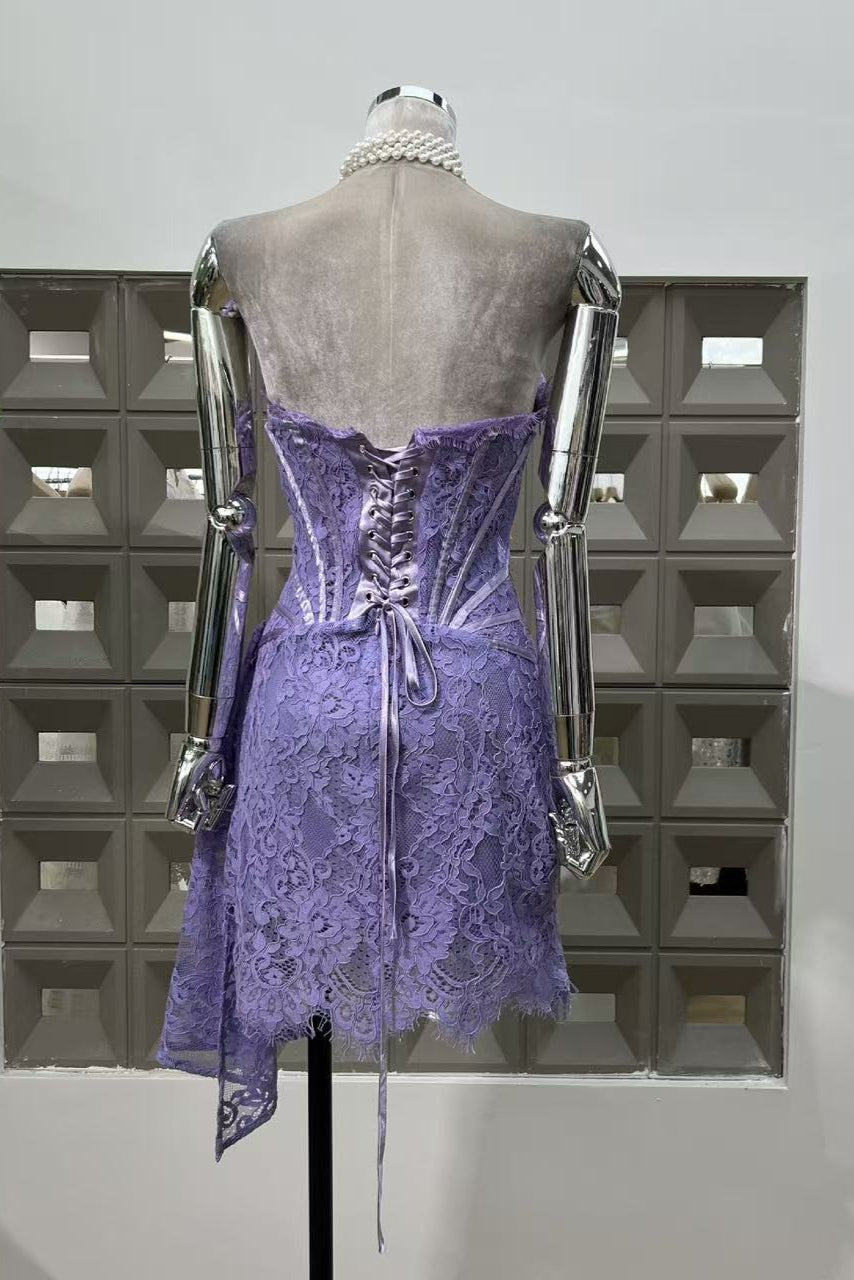 Purple Lace Corset Strapless Draped Mini Dress