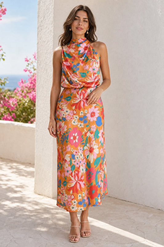 Fascinating Day Floral Halter Neck Elastic Waist Maxi Dress