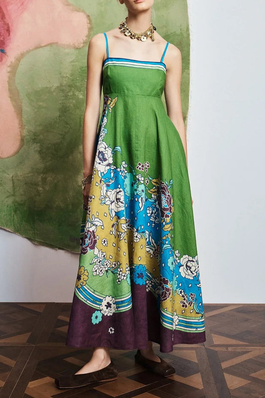 Alemais Color Block Floral Print Spaghetti Strap Midi Dress