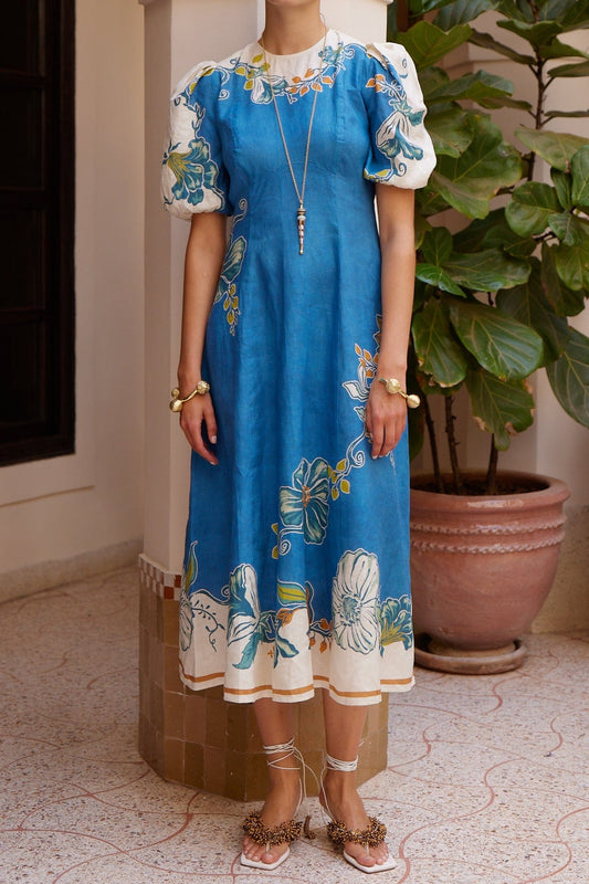 Floral linen lantern sleeve fitted waist dress - blue