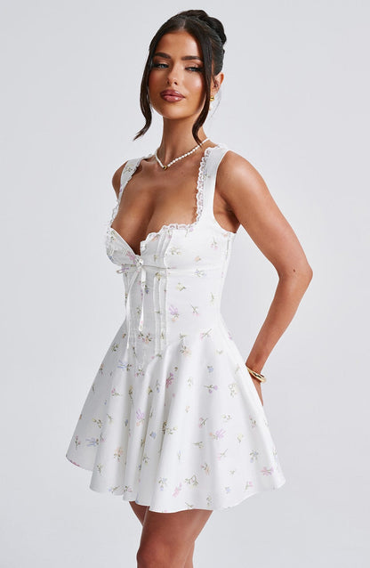 Antonella Floral Mini Dress - Romantic Lace-Up Back Party Dress