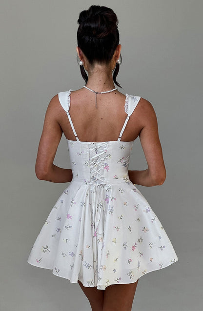Antonella Floral Mini Dress - Romantic Lace-Up Back Party Dress