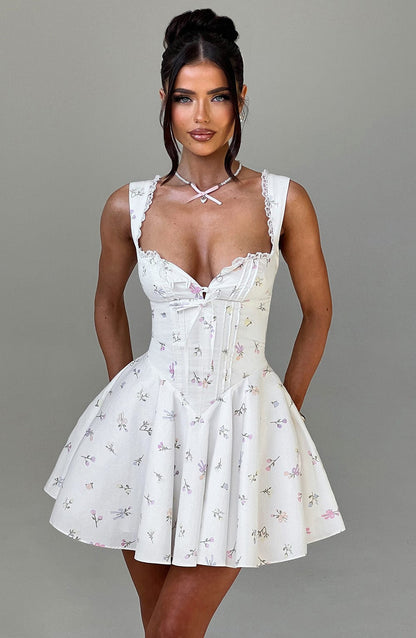Antonella Floral Mini Dress - Romantic Lace-Up Back Party Dress