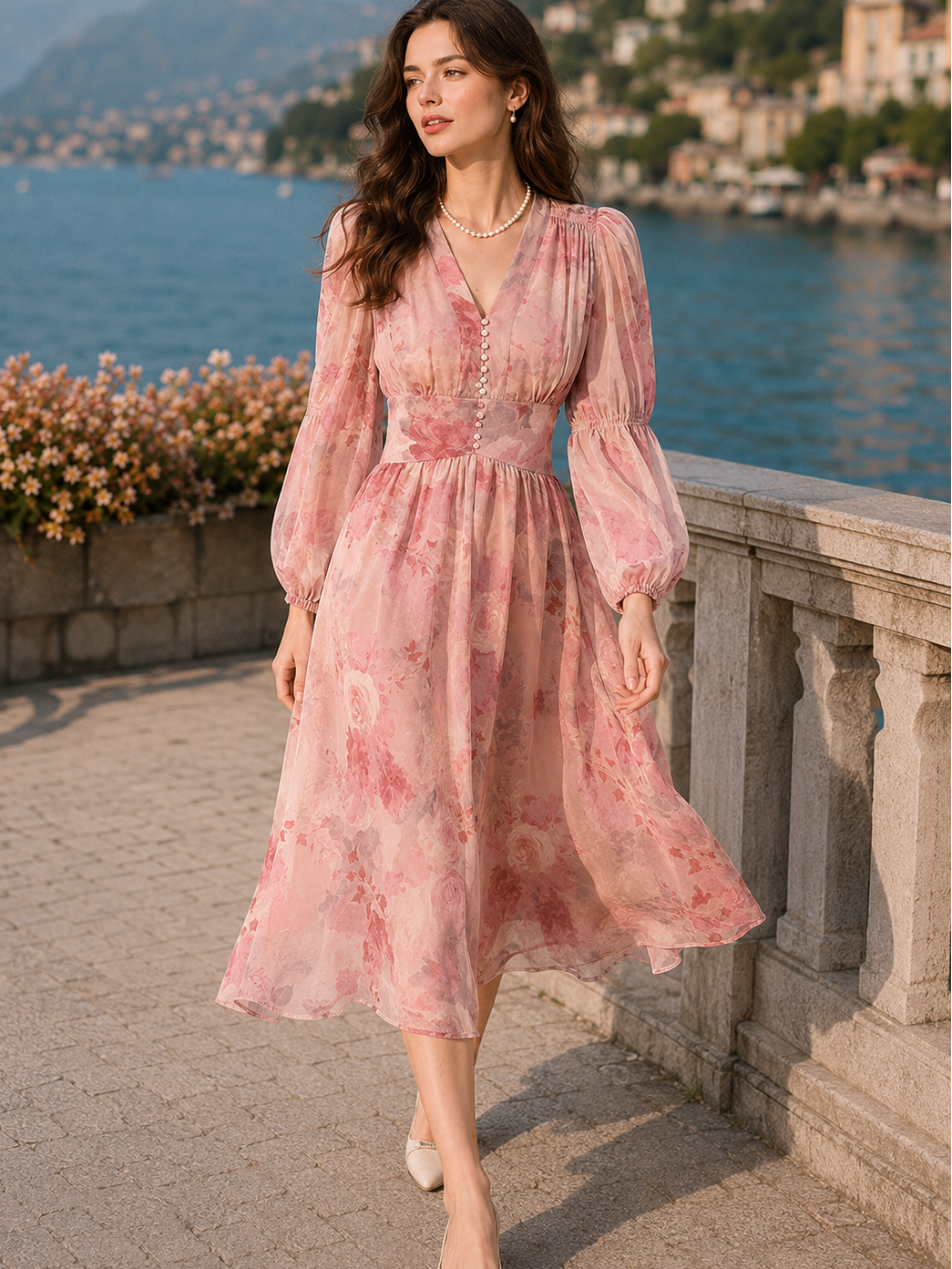Madison Daily V-Neck Puff Sleeve Chiffon Floral Dress