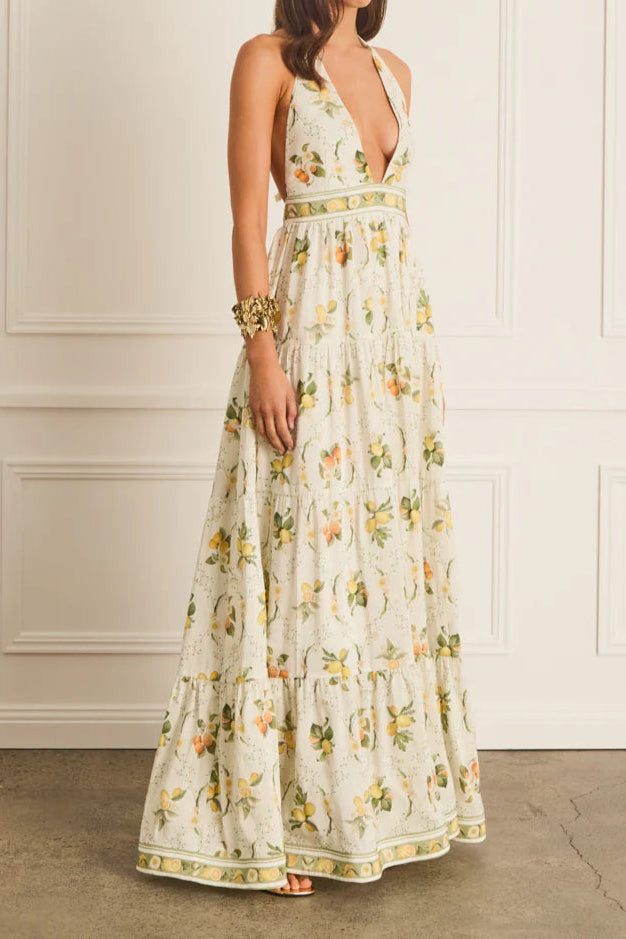 Valencia Jacinta floral print Maxi Dress in yellow