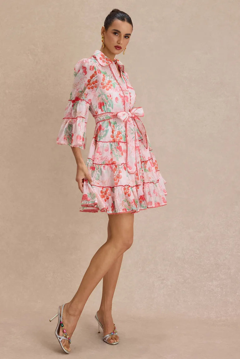Botanical Print Lace Single Breasted Mini Dress - pink