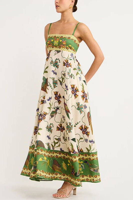 Cream Green Peacock Floral Print Spaghetti Strap Midi Dress