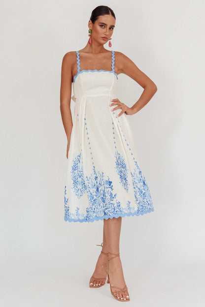 Blue Floral Print Back Tie-Up Midi Dress with Trim Band