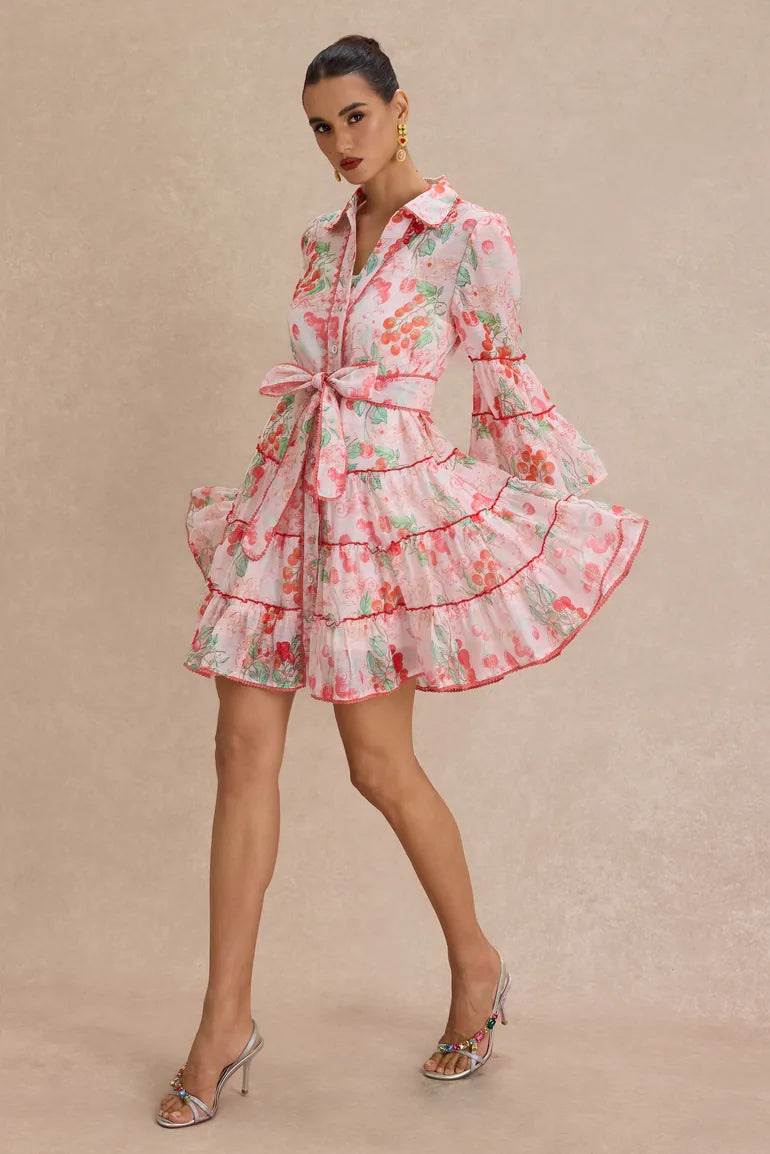 Botanical Print Lace Single Breasted Mini Dress - pink