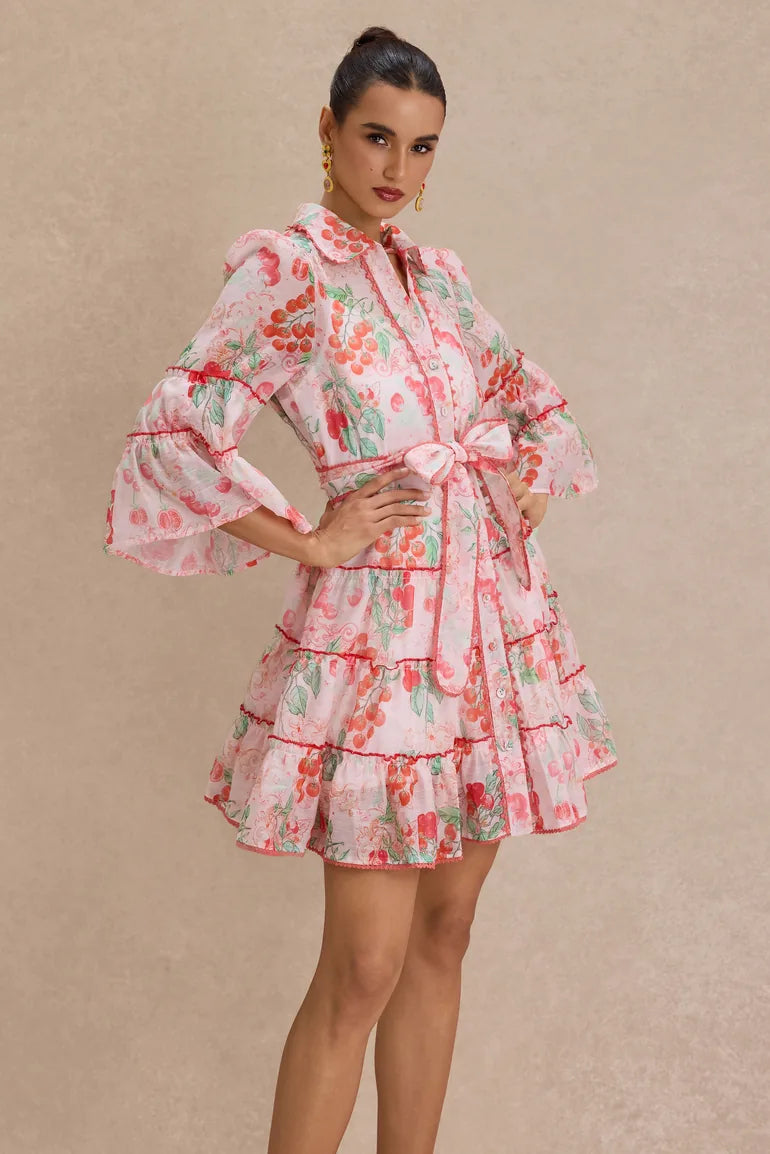Botanical Print Lace Single Breasted Mini Dress - pink
