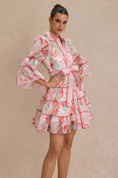 Botanical Print Lace Single Breasted Mini Dress - pink