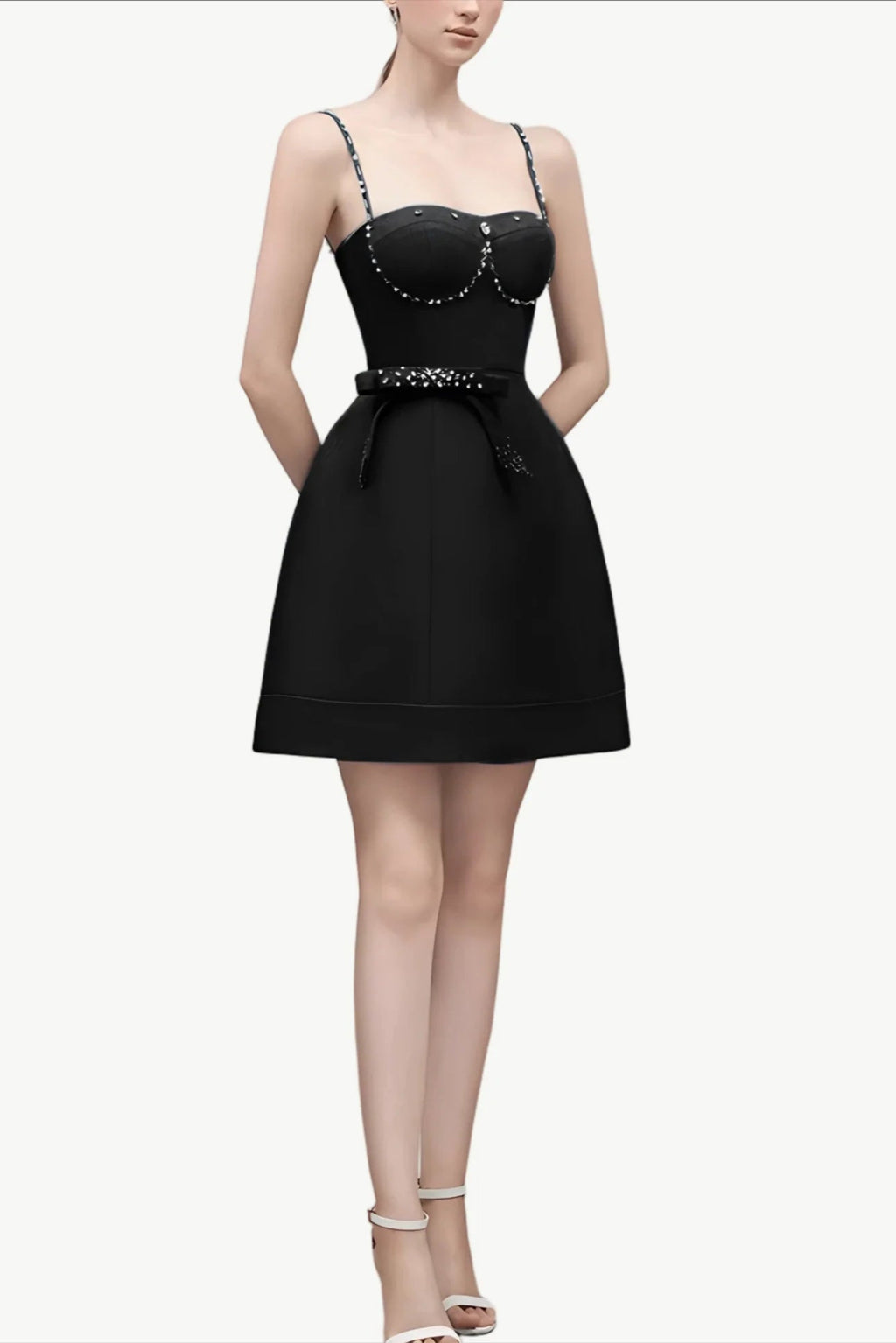 ELMA CRYSTAL EMBELLISHED BOW MINI DRESS IN BLACK