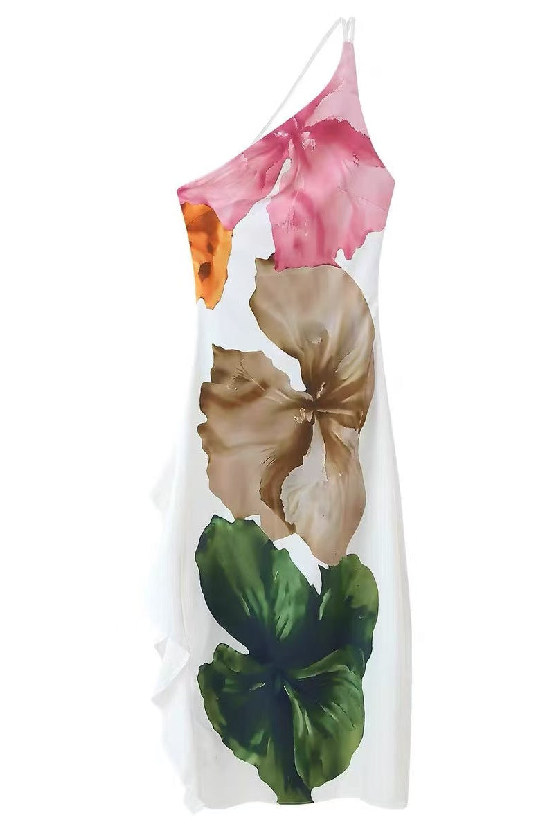 One Shoulder Side Draped Ruffle Slit Floral Print Maxi Dress