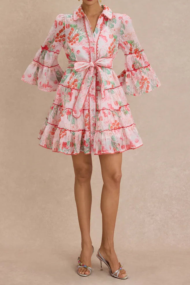 Botanical Print Lace Single Breasted Mini Dress - pink