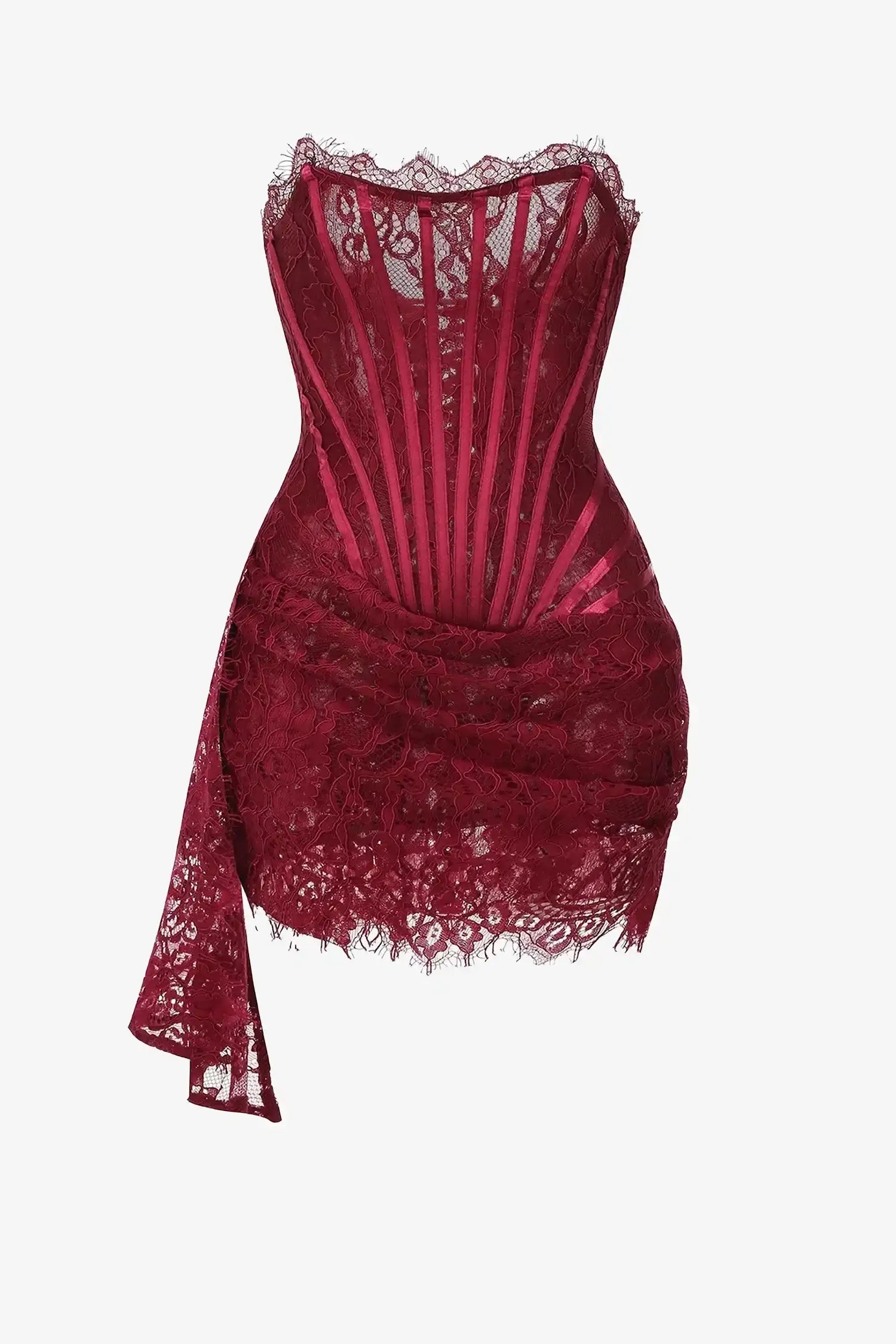 Burgundy Lace Overlay Bustier Mini Dress
