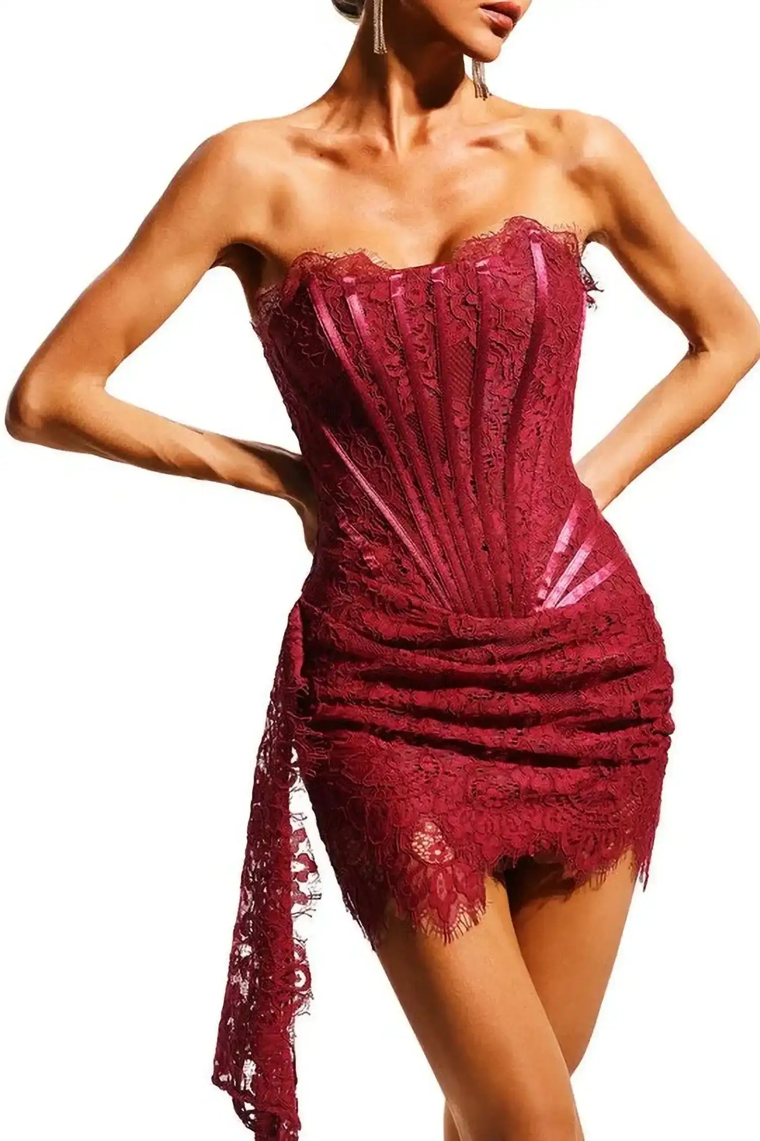 Burgundy Lace Overlay Bustier Mini Dress