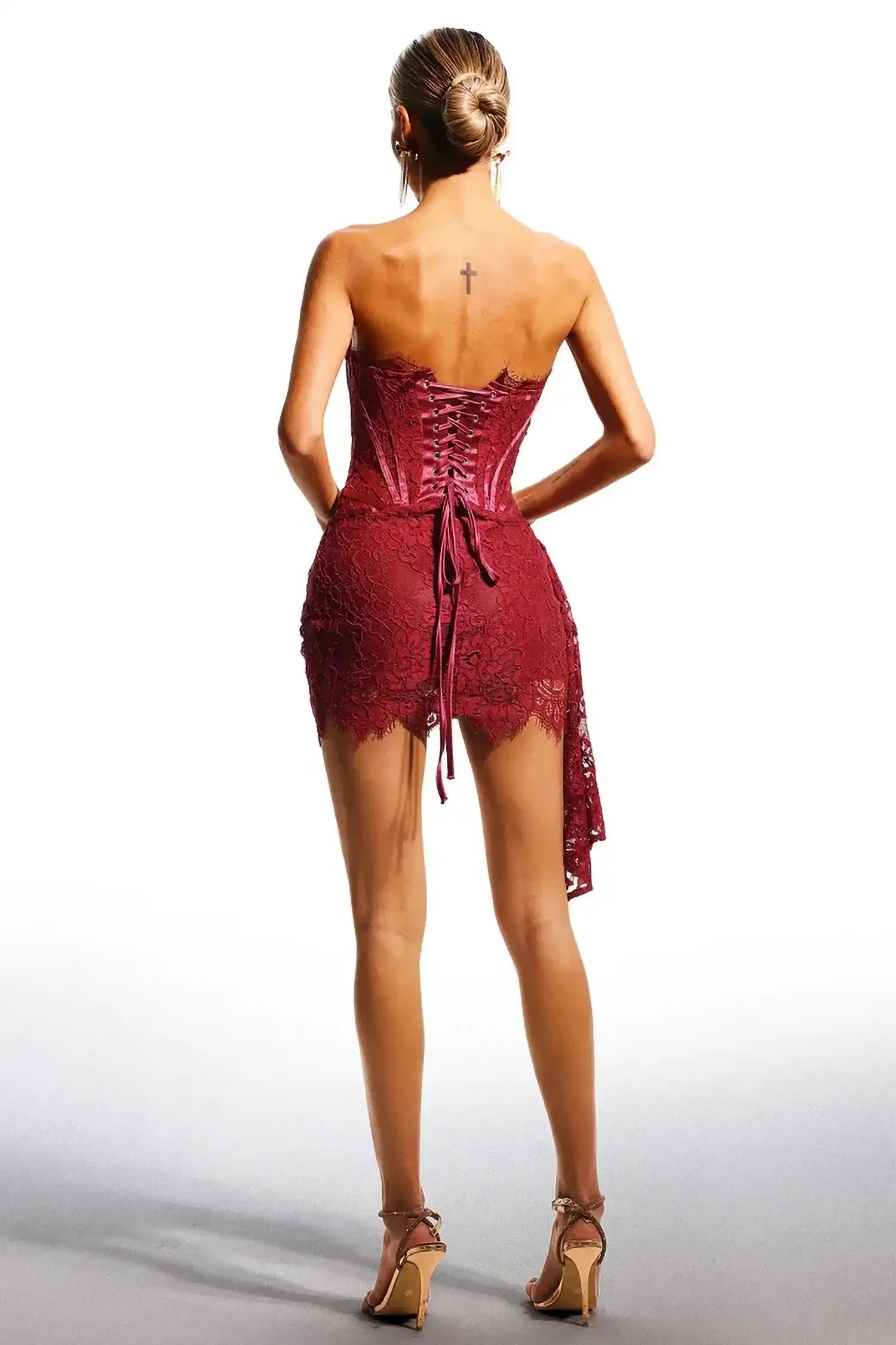 Burgundy Lace Overlay Bustier Mini Dress