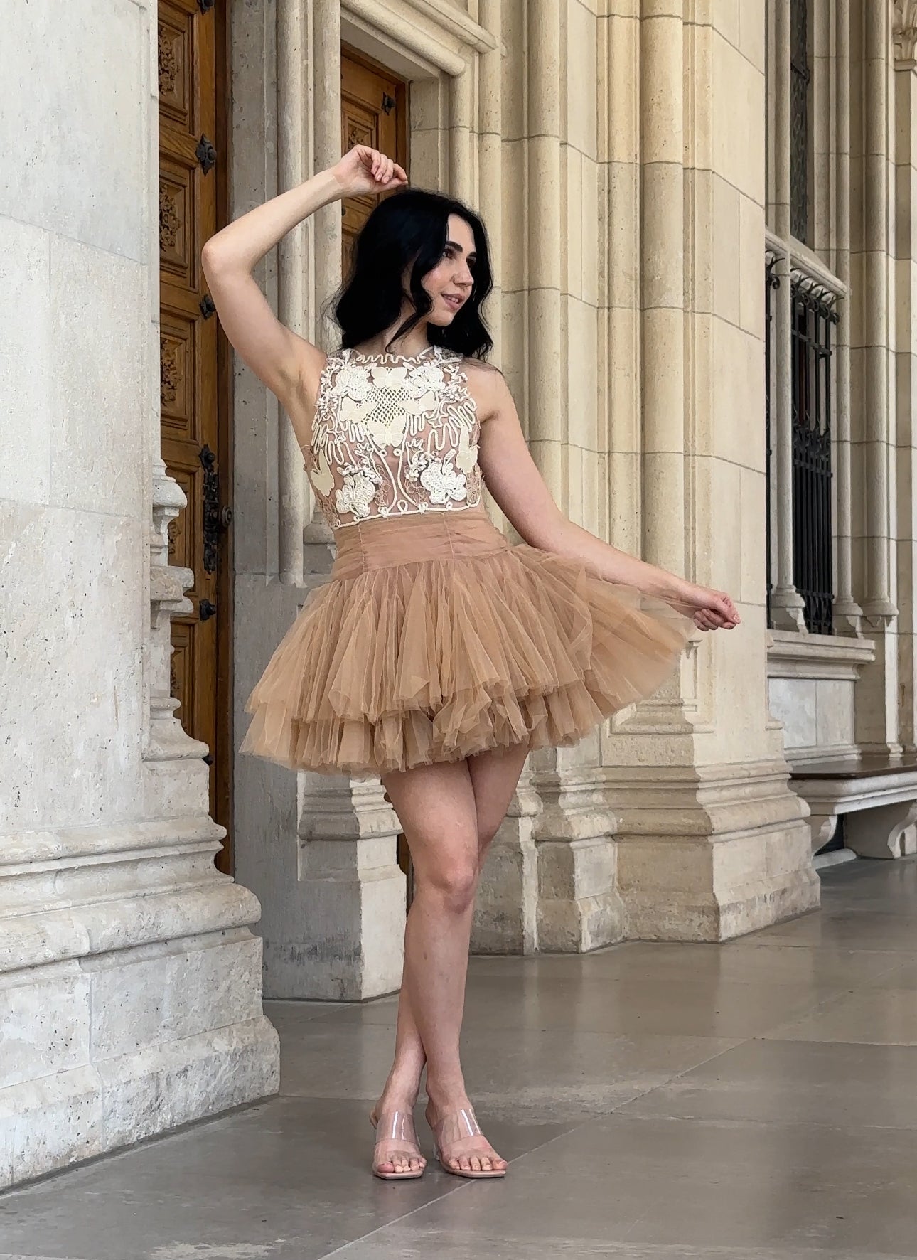 Ballerina |  Beige Tulle Mini Dress with 3D Applique