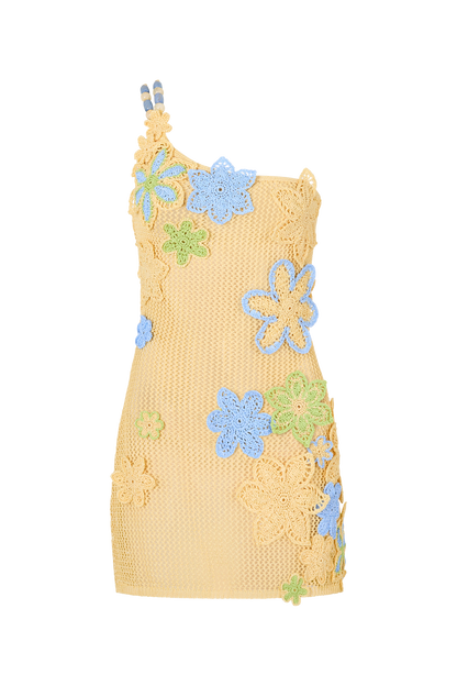 one-shoulder Floral Crochet Mini Dress - yellow