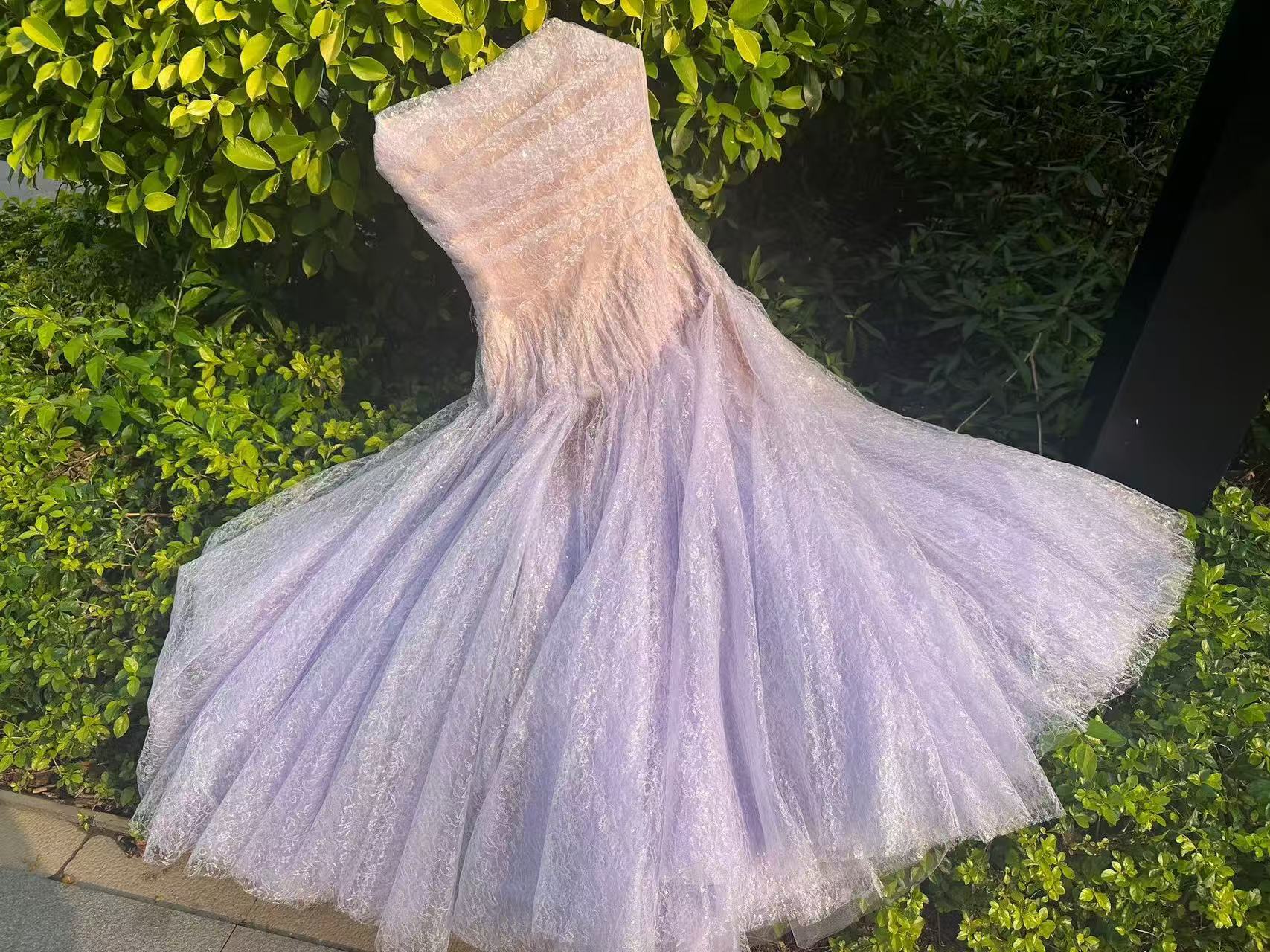 VIOLET DRAPED LACE MIDI DRESS