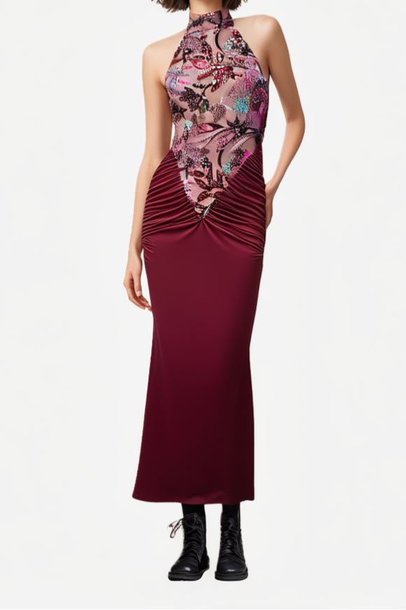 tracy sequin embroidery halter maxi dress in red