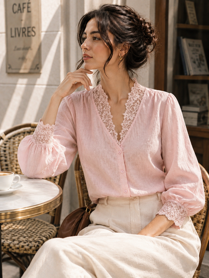 French-style V-neck Lace-panel Blouse