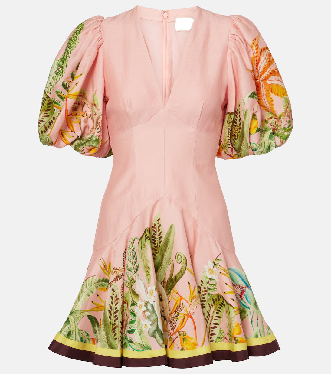 v-neck puff sleeve cotton linen printed mini dress - pink