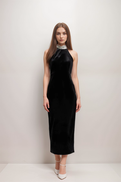 Caisa embellished turtle-neck black dress