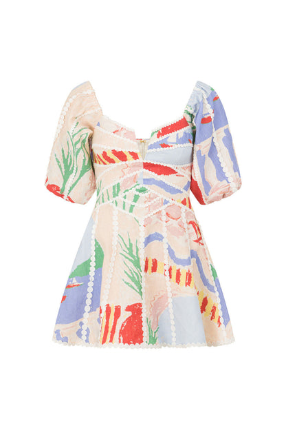 off-shoulder floral Printed wave-trim mini dress - pale blue