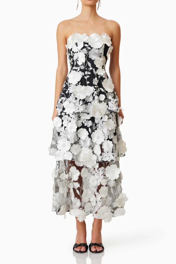 Selene floral embroidery Tiered Maxi Dress In Black