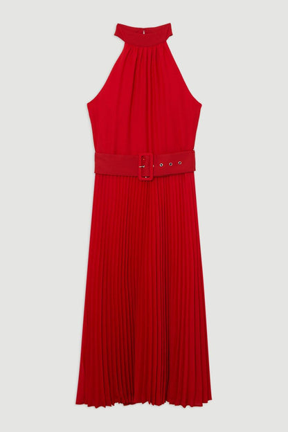 Georgette Belted Pleat Halter Woven Midi Dress