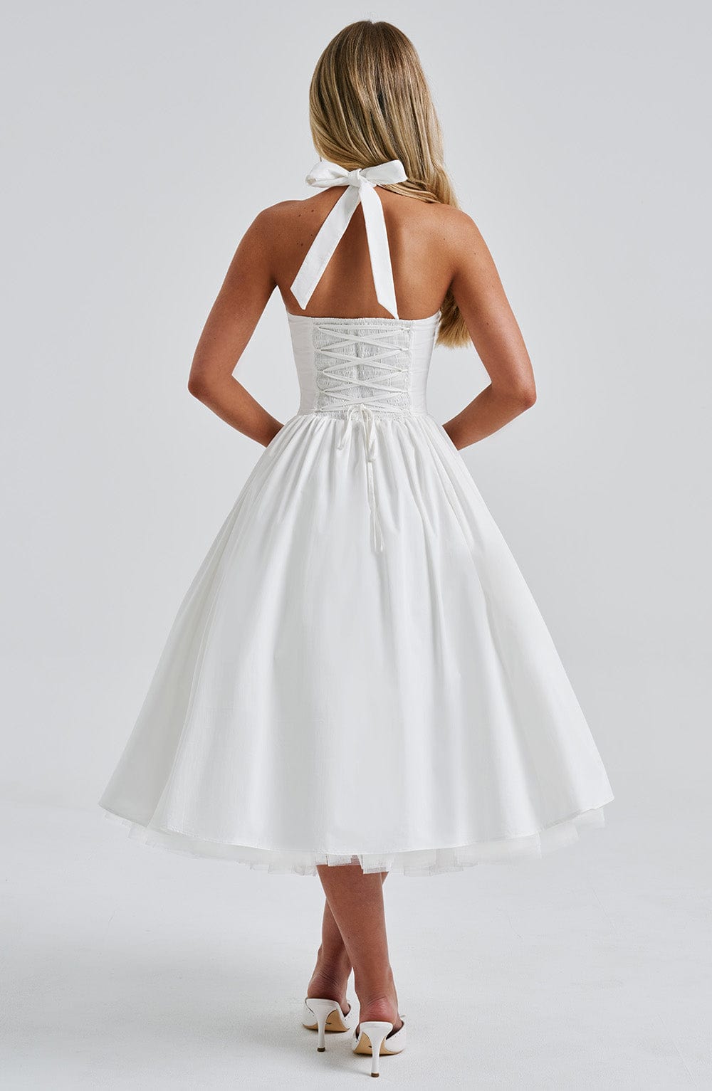 White Satin Halter Square Neck Fit And Flare Midi Dress With Tulle Hem