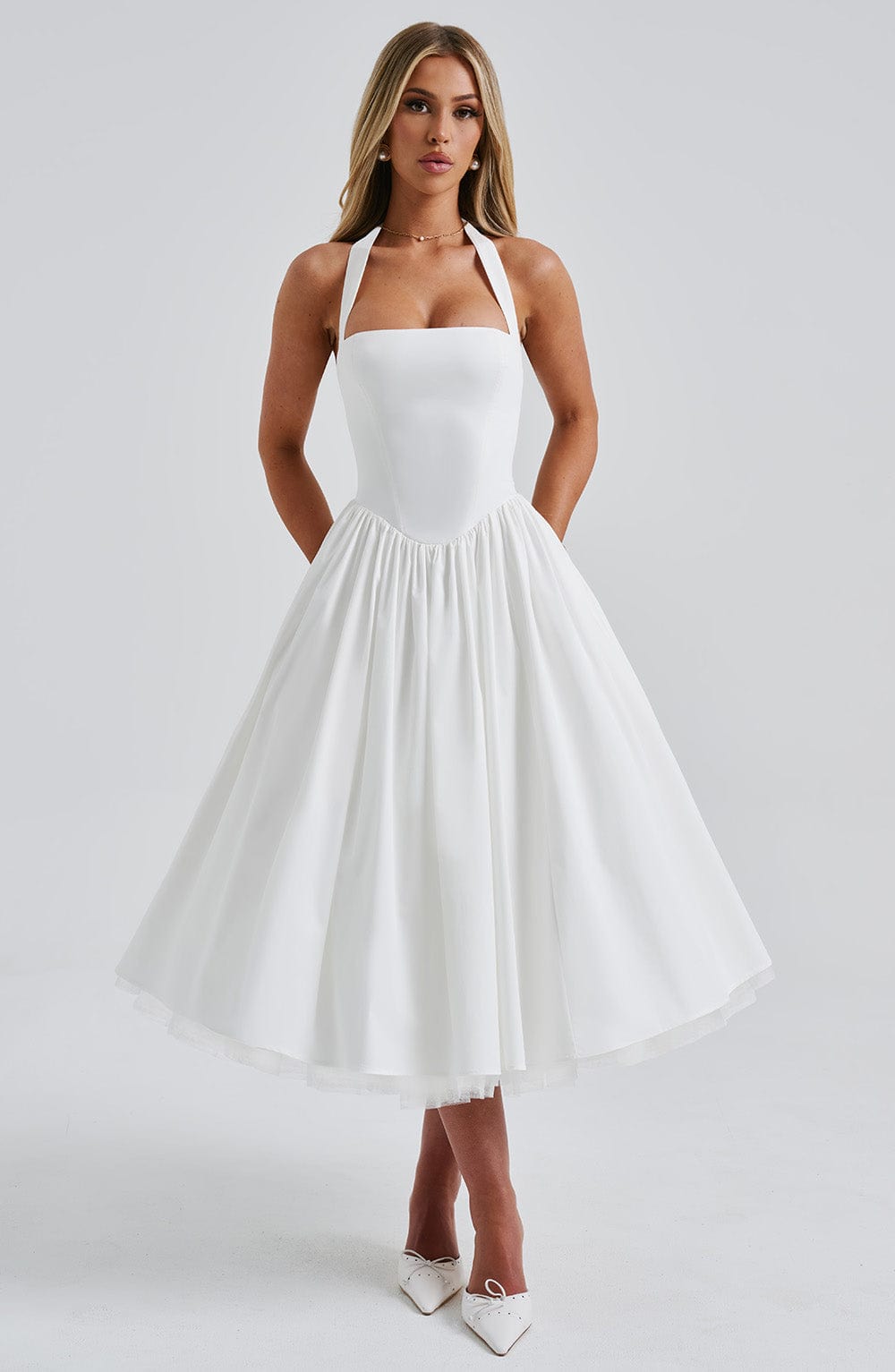 White Satin Halter Square Neck Fit And Flare Midi Dress With Tulle Hem
