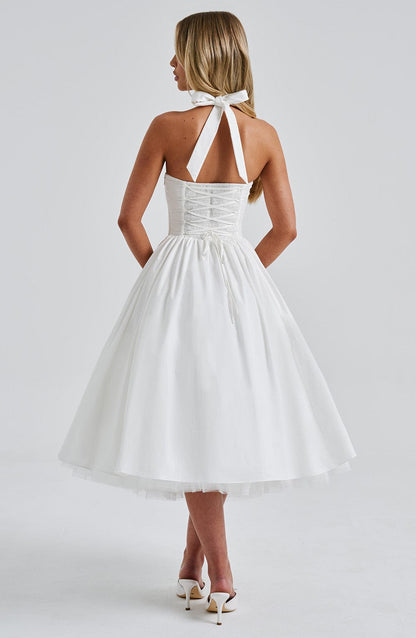 White Satin Halter Square Neck Fit And Flare Midi Dress With Tulle Hem