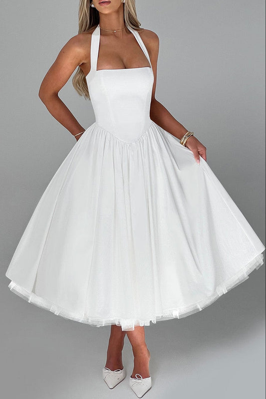 White Satin Halter Square Neck Fit And Flare Midi Dress With Tulle Hem