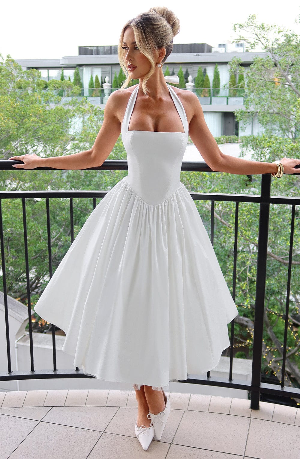White Satin Halter Square Neck Fit And Flare Midi Dress With Tulle Hem