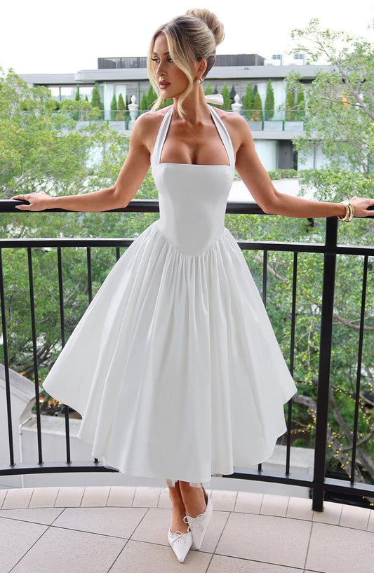 White Satin Halter Square Neck Fit And Flare Midi Dress With Tulle Hem