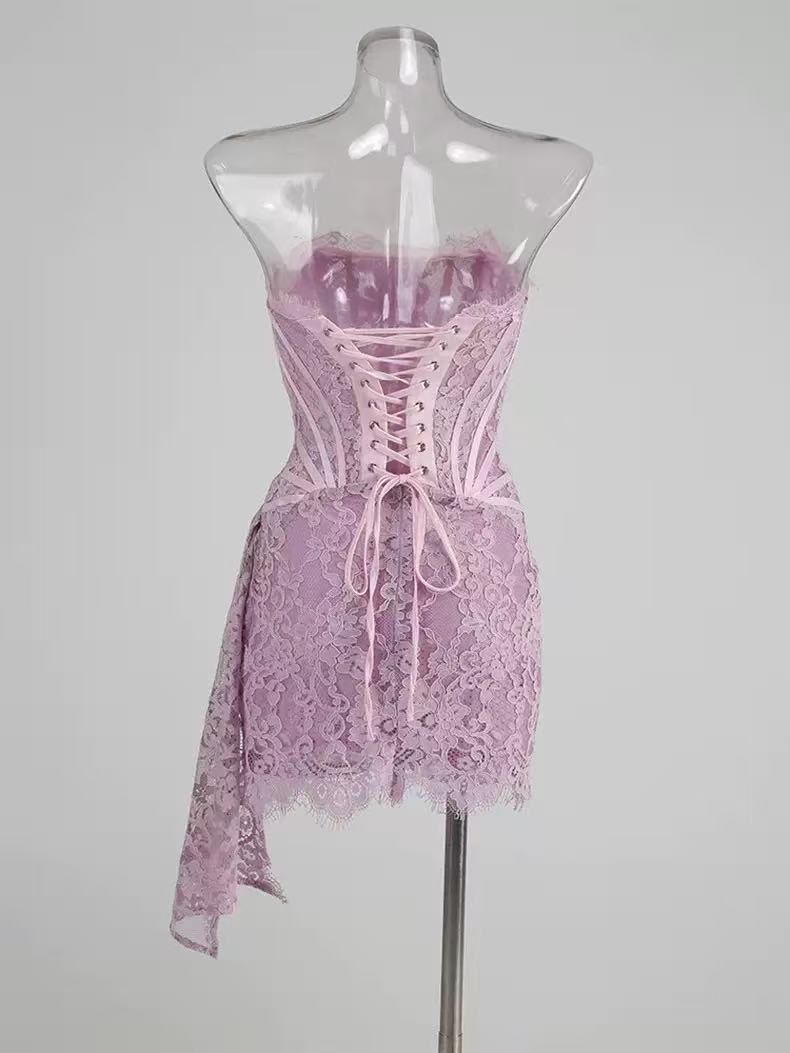 Kellie Strapless Lace Appliques Mini Dress In Light Purple