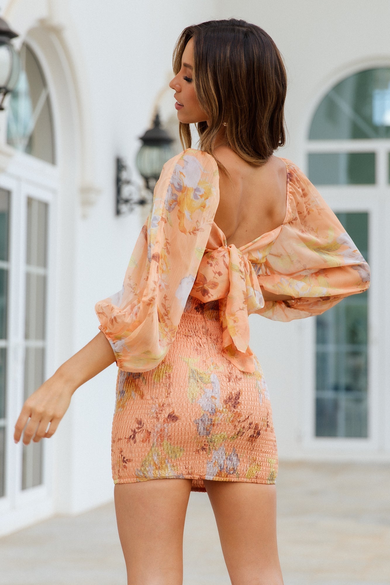 floral print puff sleeve mini Dress in Apricot