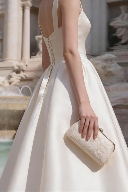 Sharon White Square Neck Satin Midi Wedding Dress