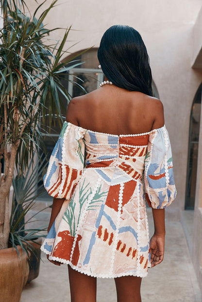 off-shoulder floral Printed wave-trim mini dress - pale blue