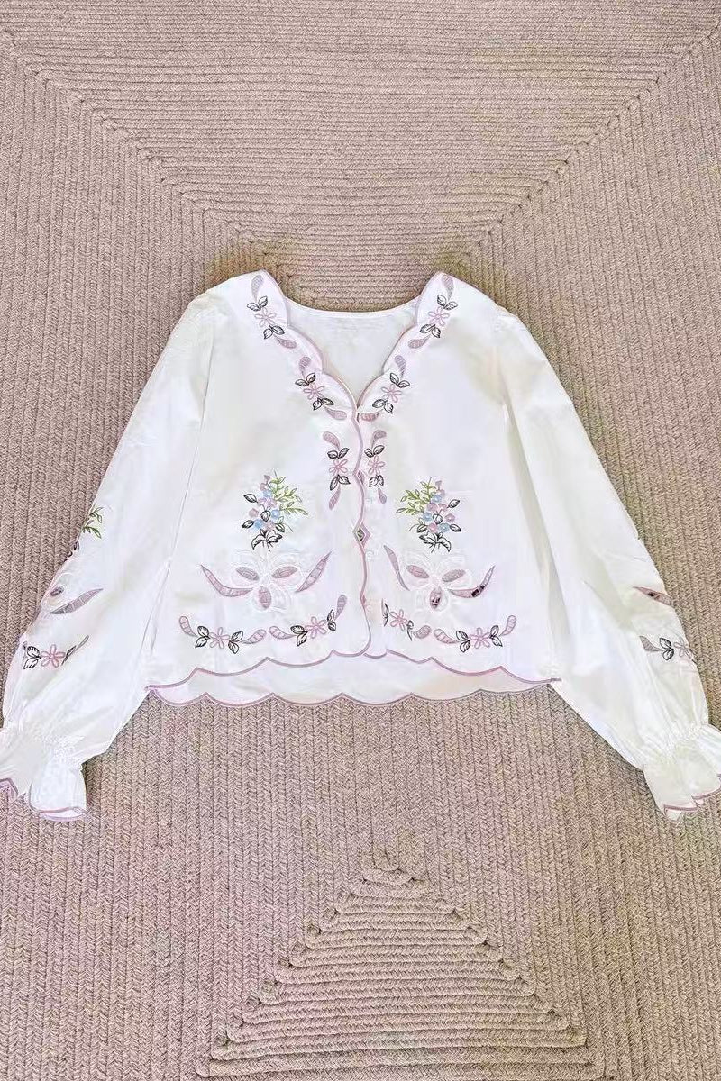Openwork Embroidered V-Neck Closed Flared Sleeve Shirt