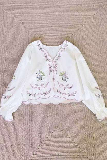 Openwork Embroidered V-Neck Closed Flared Sleeve Shirt