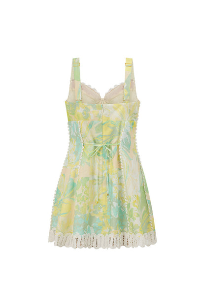 floral print Lace-trimmed V-neck linen camisole mini dress - green
