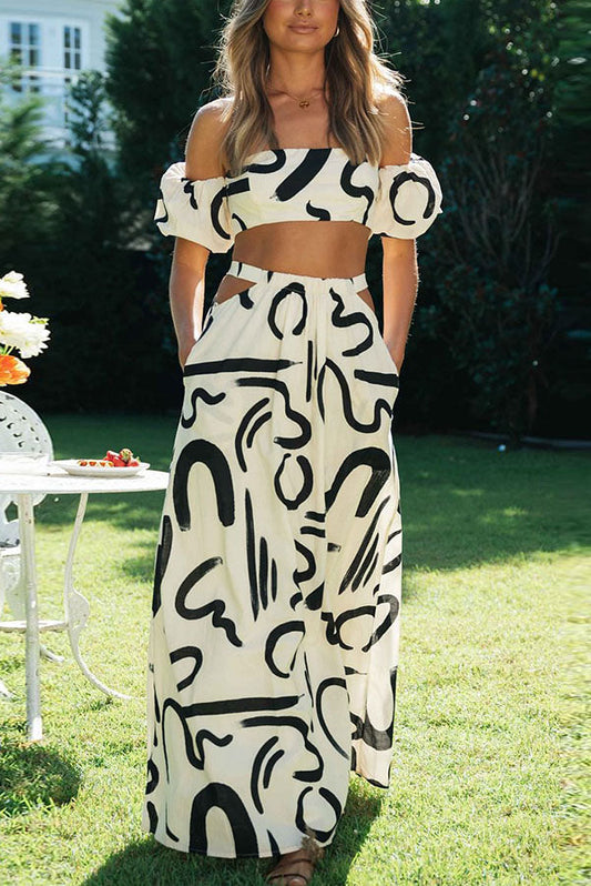 Cream Black Abstract Print Off Shoulder Crop Top &amp; Cutout Wide Leg Pants Two Piece Set