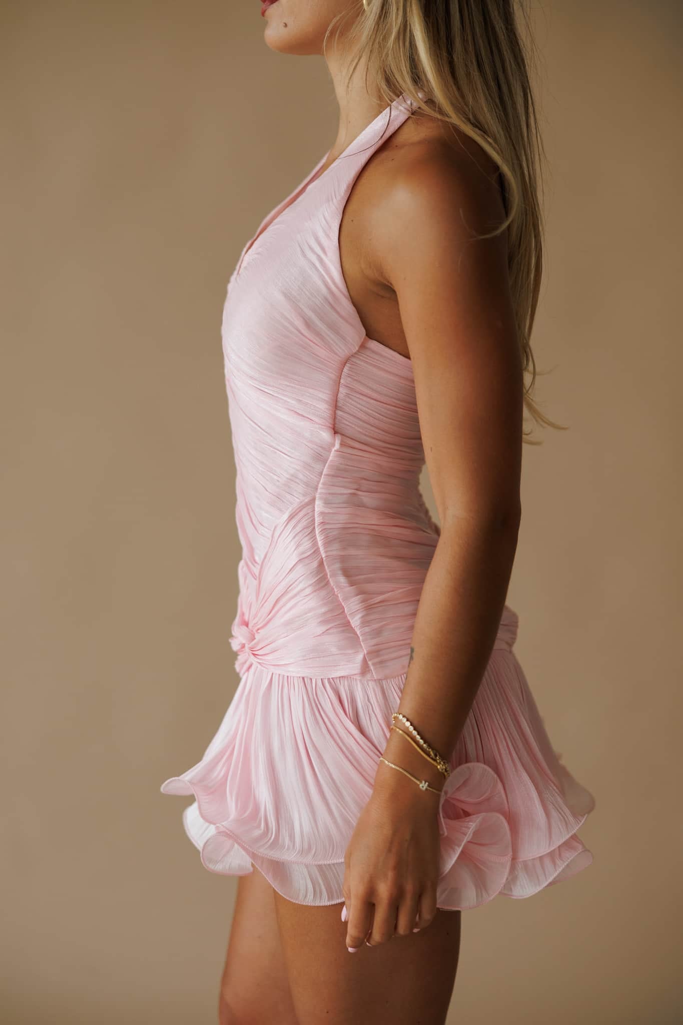 halter pleated ruffle trim mini Dress in pink