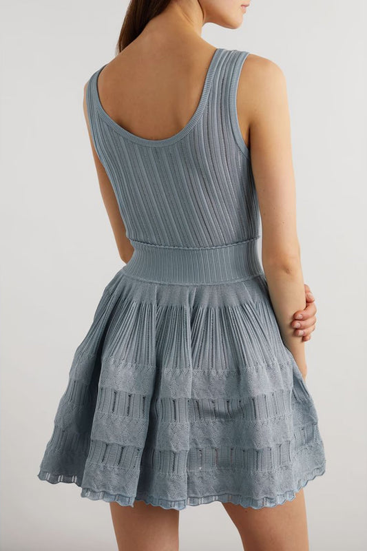 ribbed pointelle knit mini dress in blue