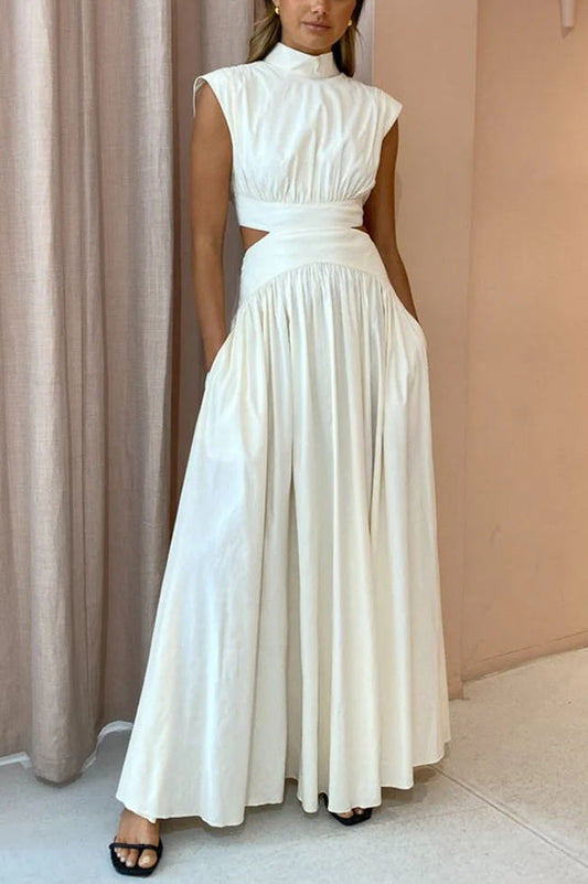 White High Neck Cutout Waist Maxi Dress with Pockets